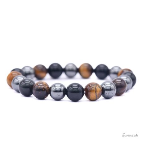 Bracelet 'Protection' en Oeil-de-tigre, Hématite et Obsidienne noire 9.5-10mm