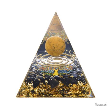 Orgonit - Pyramide 6cm - Tigerauge &amp; Schwarzer Obsidian - Lebensbaum &amp; Spirale